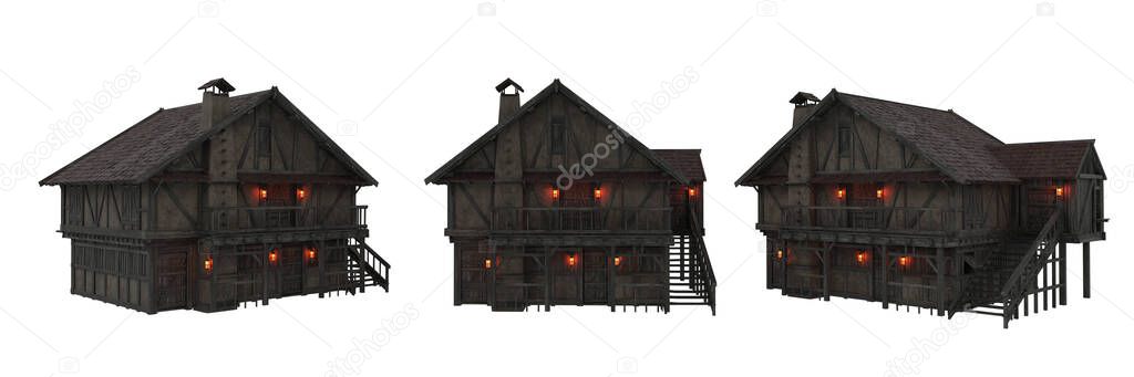 Medieval stone and wooden framed house in evening with lamp lights. 3D rendering, 3 views isolated on white with clipping path.