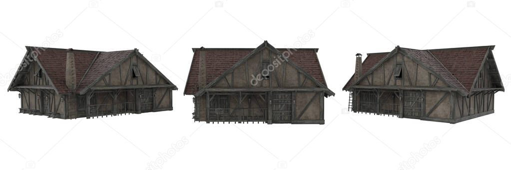 Timber and stone medieval house. 3D rendering from 3 angles isolated on white with clipping path.
