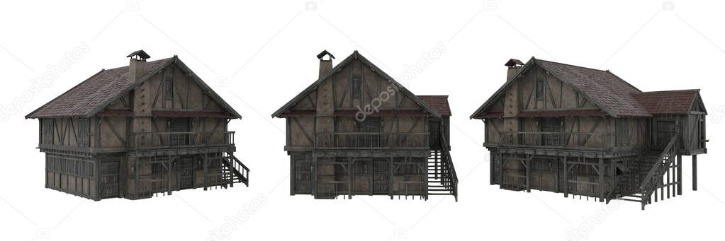 Medieval stone and wooden framed house. 3D rendering, 3 views isolated on white with clipping path.