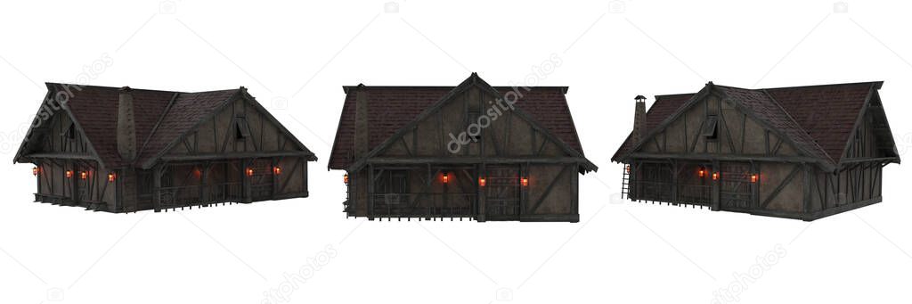 Timber and stone medieval house in evening light with lanterns lit. 3D rendering from 3 angles isolated on white with clipping path.
