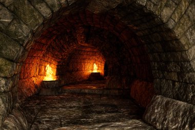Fantezi ortaçağ kemerli tüneli bir kale ya da şehrin altında. 3B görüntüleme.
