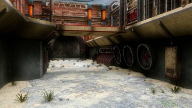 Kıyamet sonrası bir gelecekte terk edilmiş bir şehir arka sokağında. 3B görüntüleme.