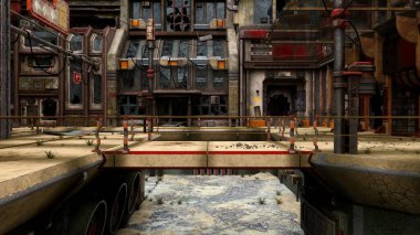 Kıyamet sonrası terk edilmiş bir şehrin yaya bölgesinde bir cadde üzerinde köprü var. 3B illüstrasyon.