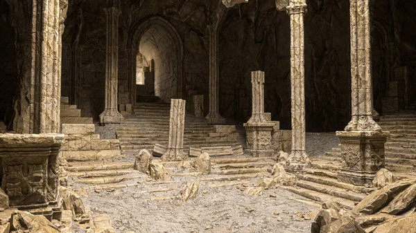 Руйнування Старого Підземного Фентезійного Храму Побудованого Горах Ілюстрація — стокове фото
