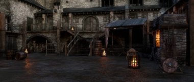 Dark wet muddy medieval castle courtyard in the evening lit by fire light. 3D illustration.
