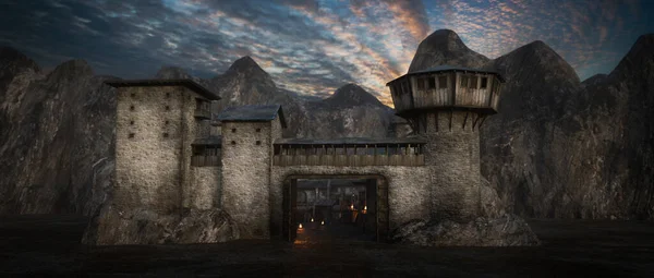 Dark Moody Medieval Fantasy Castle Evening Light Open Gate Mountain — Stock Fotó