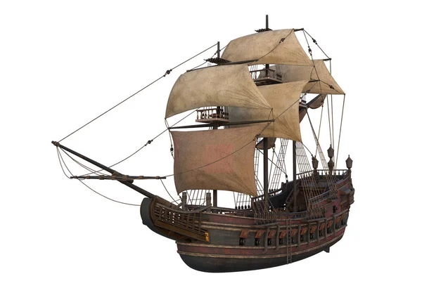 Old Wooden Pirate Ship Full Sail Illustration Isolated White Background — Fotografia de Stock