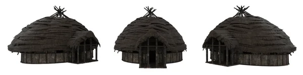 Kulatá Středověká Budova Doškovou Střechou Ilustrace Pohledy Izolované Bílém Oříznutou — Stock fotografie