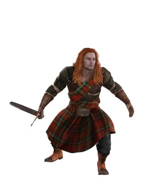 Kızıl saçlı, tartan kostümü giyen İskoçyalı savaşçı mayınlı kılıçla savaşmaya hazır. 3 boyutlu görüntüleme kırpma yolu ile beyaz üzerine izole edildi.