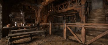 Cinematic wide view of medieval tavern with food and drink on wooden tables. 3D illustration.