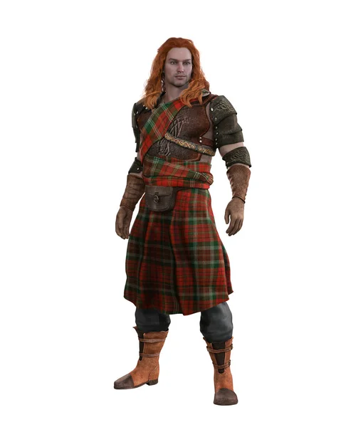 高大健壮 英俊的高地男子 红头发 身穿格子呢服装 在带有剪切路径的白色上孤立的3D图形 — 图库照片