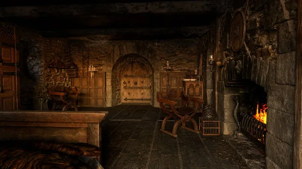 Μεσαιωνική Κρεβατοκάμαρα Πέτρινους Τοίχους Φως Κεριών Και Αναμμένο Τζάκι Απεικόνιση — Φωτογραφία Αρχείου