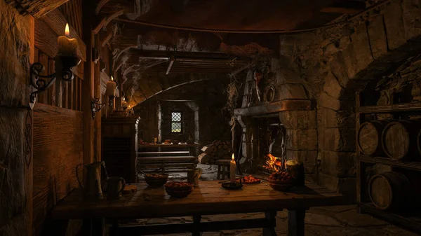 Dark Atmospheric Medieval Tavern Bar Food Drink Tables Open Fireplace — Zdjęcie stockowe