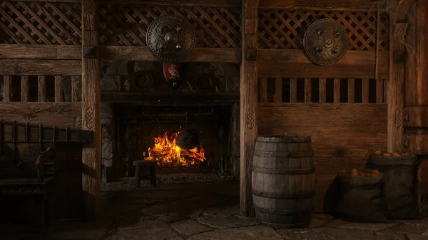 Medieval Tavern Interior Cooking Pot Open Fire Large Barrel Sacks — Fotografia de Stock