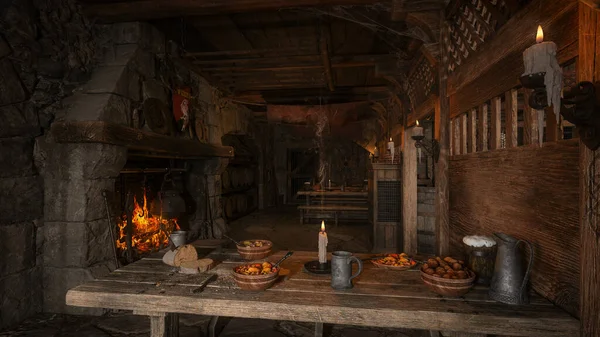 Sfeervolle Middeleeuwse Taverne Interieur Met Eettafel Verlicht Door Het Raam — Stockfoto