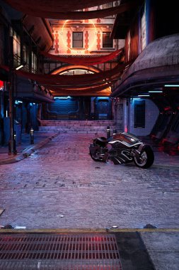 Portrait format 3D rendering of cyberpunk city street at night with a fantasy futuristic motorcycle parked on the corner.