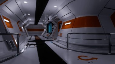 Gelecekçi bir bilim kurgu uzay istasyonu ya da yıldız gemisi içindeki bir koridorun 3D görüntüsü.