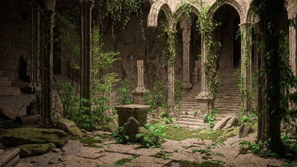 Темні Таємничі Руїни Фентезійного Середньовічного Храму Вирощеного Плющем Візуалізація — стокове фото