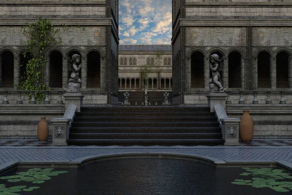 階段や彫像と壮大な宮殿の中庭 3Dレンダリング — ストック写真