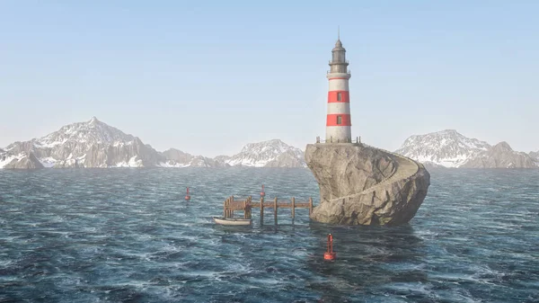 遠くの山々と海の中に大きな岩の上に古い赤と白の灯台 3Dレンダリング — ストック写真