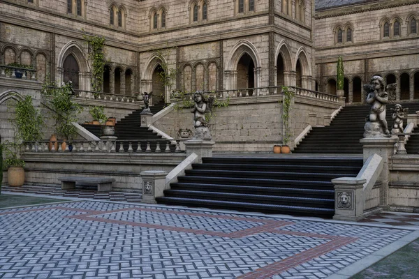 Binnenplaats Met Grote Trappen Een Groot Oud Herenhuis Paleis Illustratie — Stockfoto