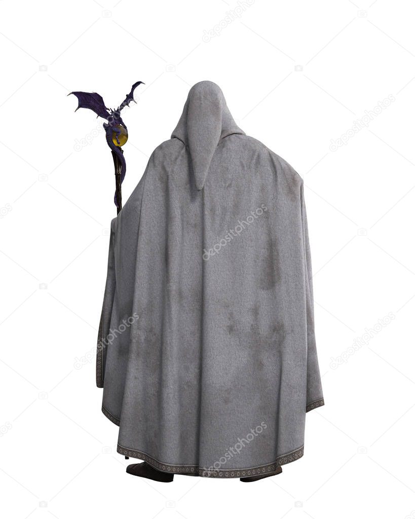 Fantasy wizard or sorceror standing in a long dirty white cloak with hood holding a magic staff facing away. 3D render isolated on white with clipping path.