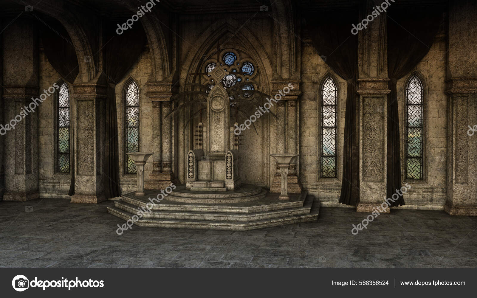 Fantasy Medieval Throne Room With Gothic Arches And Windows. 3D Rendering.  Stock Photo, Picture and Royalty Free Image. Image 187405661.