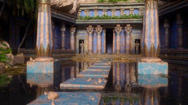 Stepping stones across a lake to an ancient Egyptian temple or tomb. 3D render.