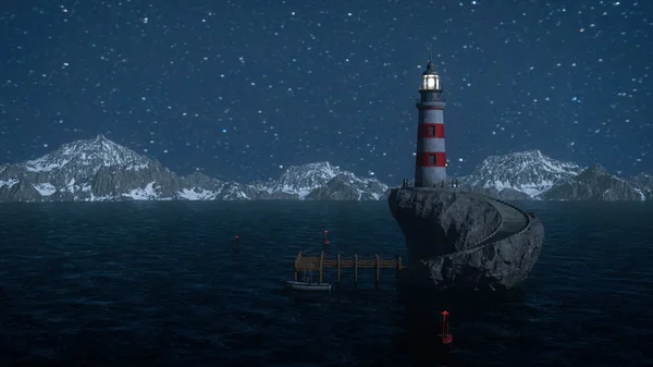 背景に雪に覆われた山々と空の星と夜の岩の島の灯台 3Dレンダリング — ストック写真