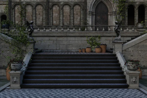 Escalier Pierre Dans Cour Ancien Manoir Palais Rendu — Photo