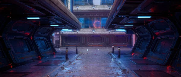 Cinematic Renderowania Futurystyczny Cyberpunk Koncepcji Miasta Ulicy Nocy — Zdjęcie stockowe