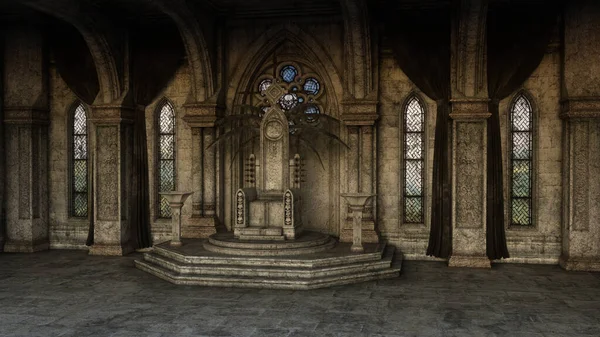 Sala Del Trono Medieval Fantasía Con Arcos Ventanas Góticas Renderizado — Foto de Stock