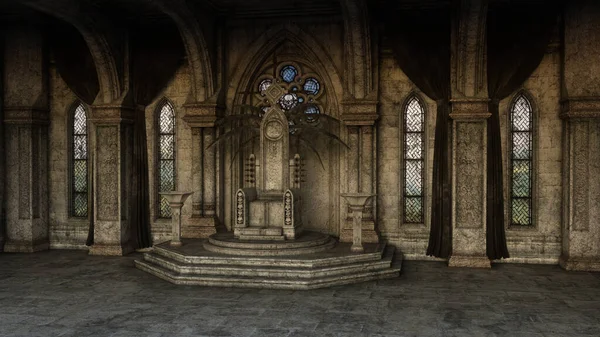 Fantasy medieval throne room with gothic arches and windows. 3D rendering. 