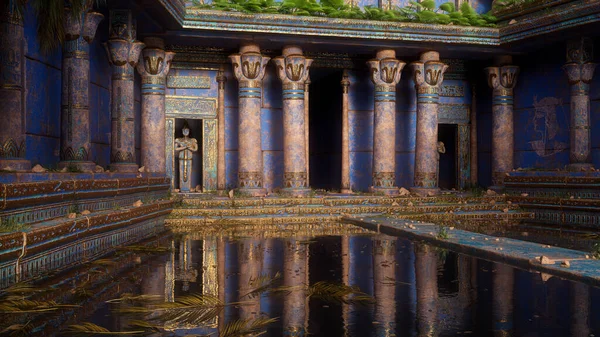 Fantasy Egyptian Temple Tomb Blue Painted Stone Walls Water Front — Foto Stock