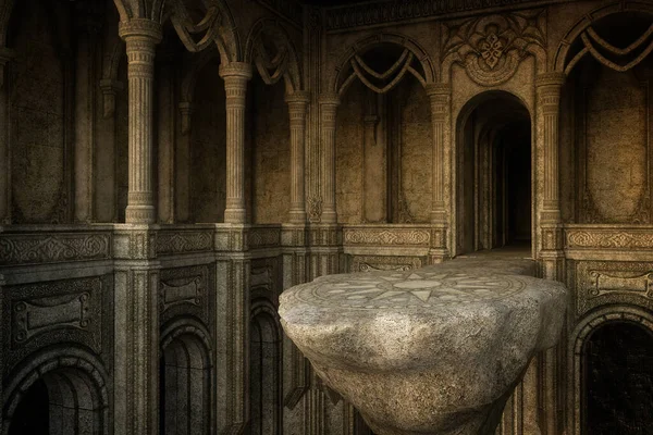 Interior Arquitectónico Medieval Fantasía Con Gran Plataforma Piedra Alta Que — Foto de Stock