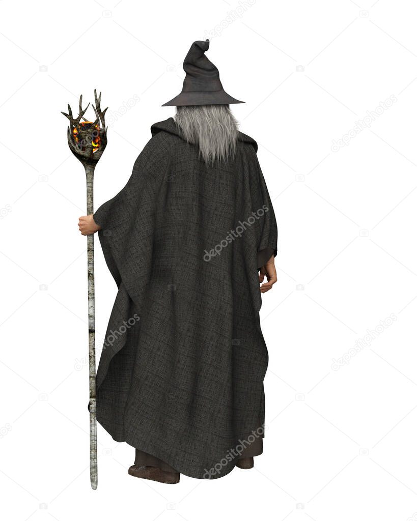 Wizard or sorceror with long grey hair, grey cloak, pointed hat and magic staff. Rear view 3D render isolated on white with clipping path.