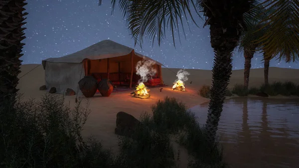 Tenda Beduína Oásis Deserto Noite Com Estrelas Céu Renderização — Fotografia de Stock