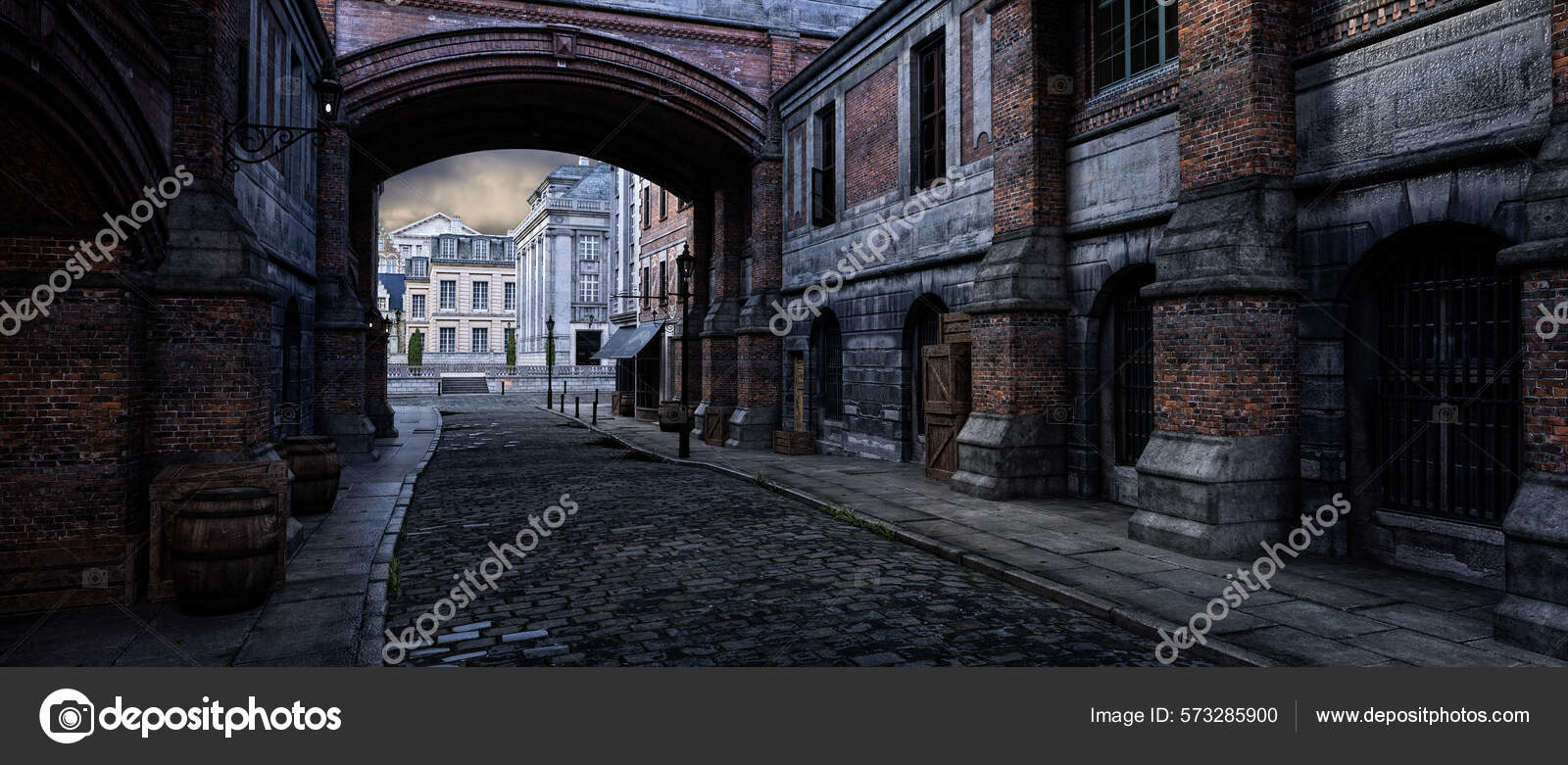 Old Victorian City Street Archway Cobblestones Steampunk Concept Urban ...