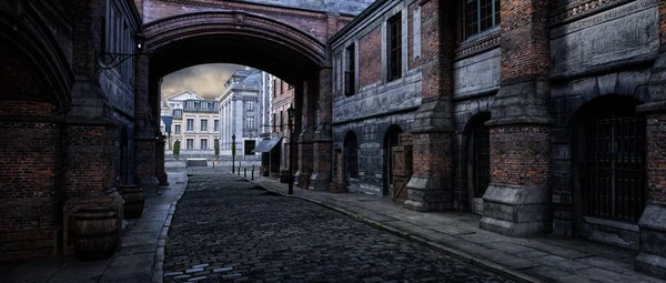 Viktorya döneminden kalma sokak kemeri ve kaldırım taşları. Steampunk konsepti kentsel panoramik 3B oluşturma.