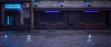 Şehir merkezindeki bir sokakta gece vakti neon ışıkları olan gelecekçi duvar ve kapı. Siber punk konsepti panoramik 3B görüntüleyici.