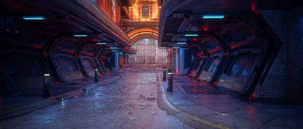 Cyberpunk Concept Futuristico City Street Notte Visualizzazione Cinematografica Rendering — Foto Stock