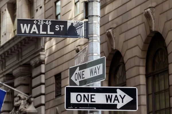 Wall Street Egyirányú Táblák Lower Manhattan New York City — Stock Fotó