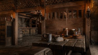Masasında ekmek ve bira olan eski bir ortaçağ ya da Viking meyhanesi barı. 3B illüstrasyon.