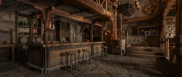 An old medieval inn with beer barrels behind the bar, stone floor, wooden beams and candle light. Panoramic 3D illustration.