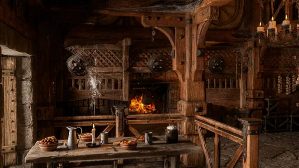 Τραπεζαρία Δίπλα Ένα Παράθυρο Μια Παλιά Μεσαιωνική Ταβέρνα Φωτιά Καίει — Φωτογραφία Αρχείου