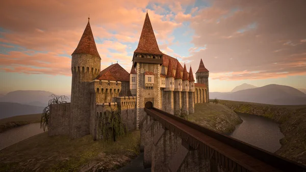 Castello Medievale Paesaggio Remoto Con Ponte Fossato Illustrazione — Foto Stock