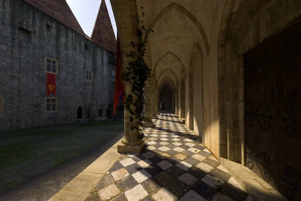 Sentiero Con Pavimento Piastrellato Cortile Medievale Del Castello Illustrazione — Foto Stock