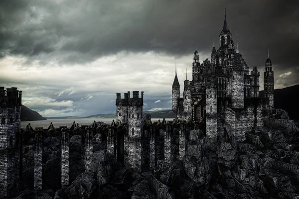 暗いファンタジー灰色の雲と湖の岩の風景の中に中世の城 3Dイラスト — ストック写真