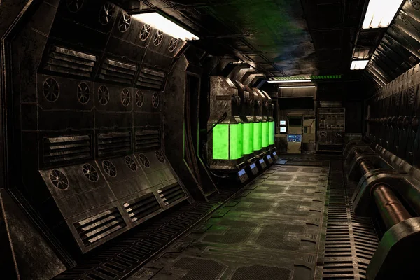 黑暗闷闷不乐的老式外星太空飞船或空间站内部走廊 3D插图 — 图库照片