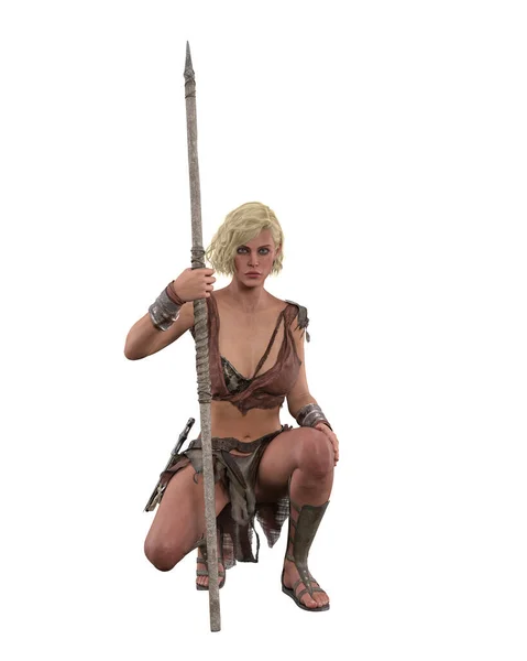 美丽的金发碧眼的中世纪幻想战士女人蜷缩着长矛 在白色背景上孤立的3D插图 — 图库照片